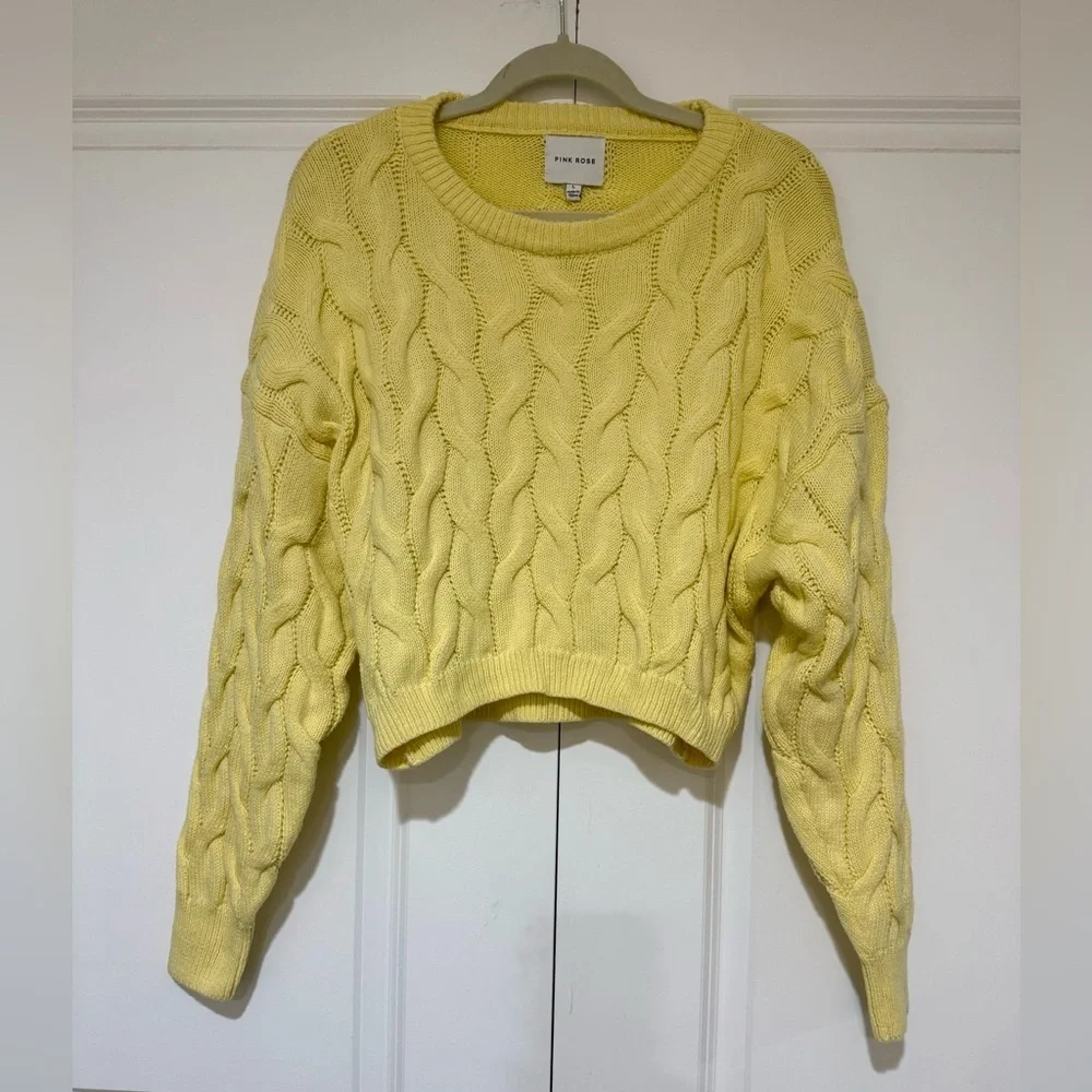 Pink Rose Pale Yellow Cable Knit Cropped Scoop Neck Sweater